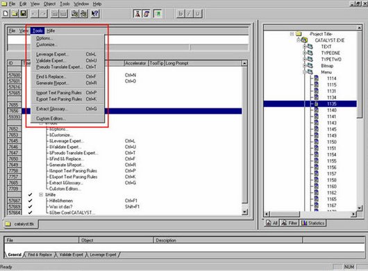 Menú en modo WYSIWYG en la herramienta de localización Catalyst