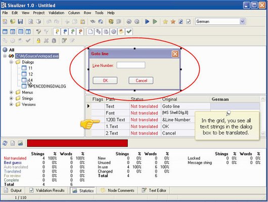 Cuadro de diálogo en modo WYSIWYG en la herramienta de localización Sisulizer