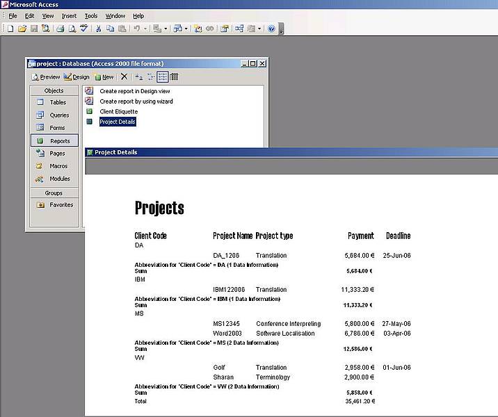 MS-Access-Bericht: Projektdetails